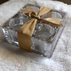 Vintage Square Glass 4-Tealight Candle Holder w/ 4 White Unscented Candles